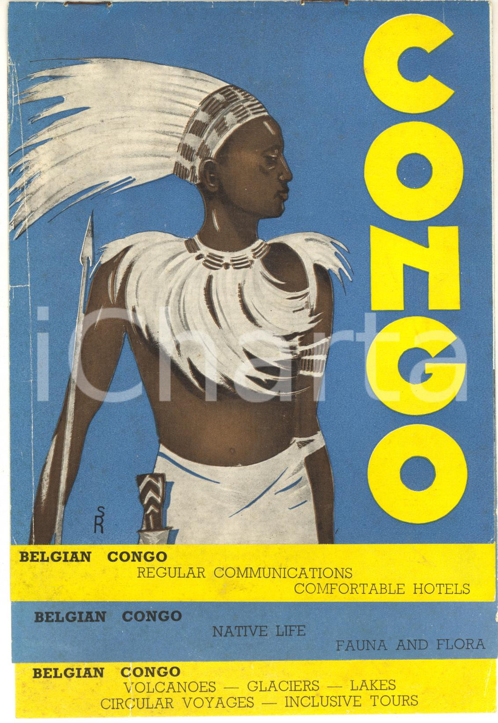 1939 BELGIAN CONGO Hotels - Native life - Tours - ILLUSTRATED vintage brochure  Pieghevole pubblicitario d'epoca, in lingua inglese, interamente illustrato b/n.CONDIZIONI: FAIR (strappo al margine inferiore e minimo al margine sinistro; piegatura al lato sinistro)FORMATO: 14x21 cmPAGINE: 6 facciate    originale e autentica 1