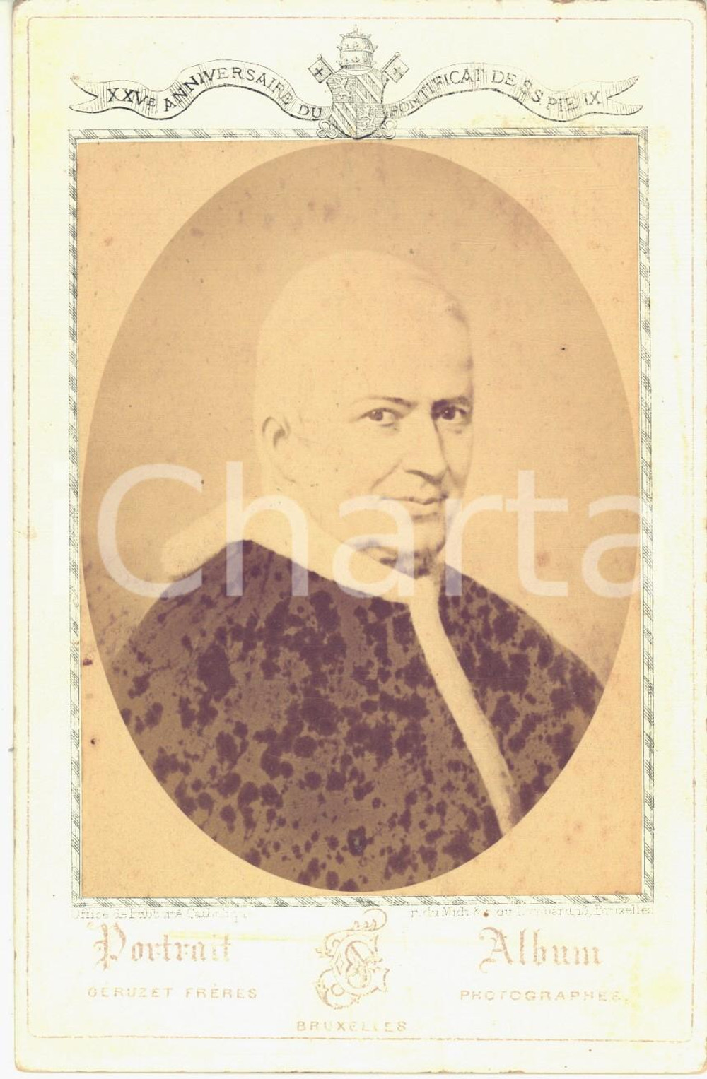 1871 Papa Pio IX - Ritratto XXV Anniversario Pontificato - Foto GERUZET  Fotografia originale d'epoca, montata su cartoncino rigido.CONDIZIONI: G (minime fioriture)FORMATO: 11x17 cmFOTOGRAFO: Fr&egrave;res G&eacute;ruzet, Bruxelles    originale e autentica 1