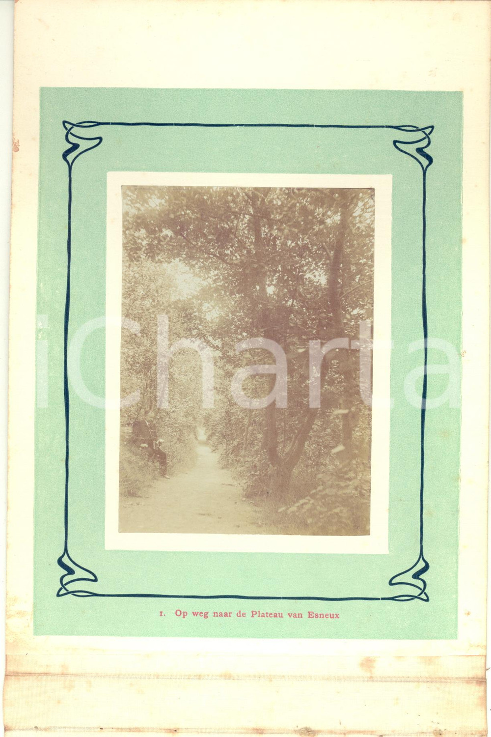 1910 ca ESNEUX (BELGIO) Passeggiata nel bosco sull'altopiano *Foto vintage 15x23  Fotografia originale d'epoca.La fotografia &egrave; montata su cartoncino rigido, con margine telato, poich&eacute; era parte di un album o serie.Didascalia originale: "1. Op weg naar de Plateau van Esneux".CONDIZIONI: G (ma macchie di umidit&agrave; sul margine telato)FORMATO: 15x23 cm (cartoncino); 8x11 cm (fotografia)    originale e autentica 1