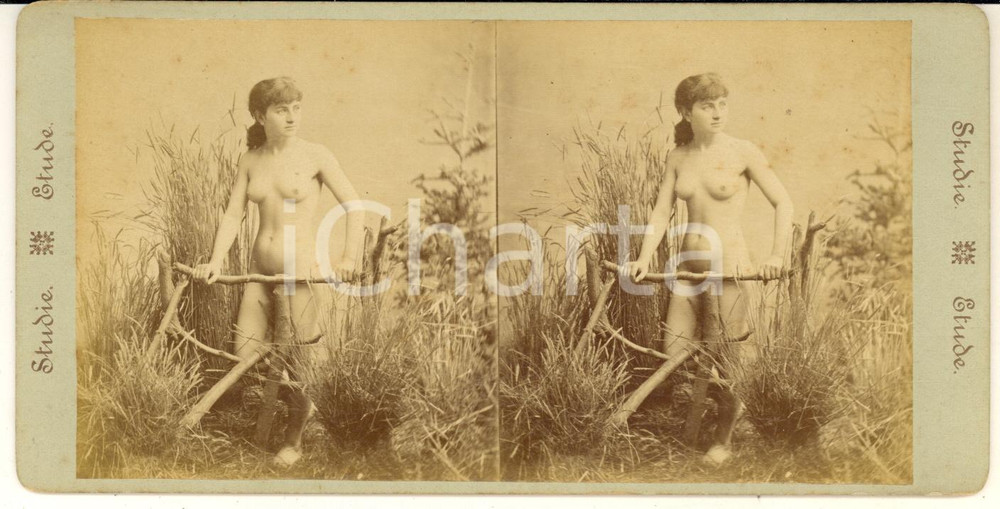1890 ca EROTISME Femme nue avec une branche - Photo stéréoscopique RARE  Fotografia originale d'epoca, stereoscopica, su cartoncino rigido.CONDIZIONI: G (piccole tracce di colla al verso)FORMATO: 18x9 cm    originale e autentica 1
