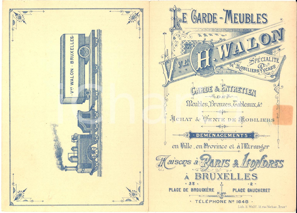 1910 ca BRUXELLES Garde-Meubles Veuve Charles WALON - Tarif publicitaire  Biglietto pubblicitario, contenente il tariffario.Su 4 facciate.CONDIZIONI: FAIR (minimo strappo al margine superiore e ingiallimento al fronte)FORMATO: 10x14 cm    originale e autentica 1