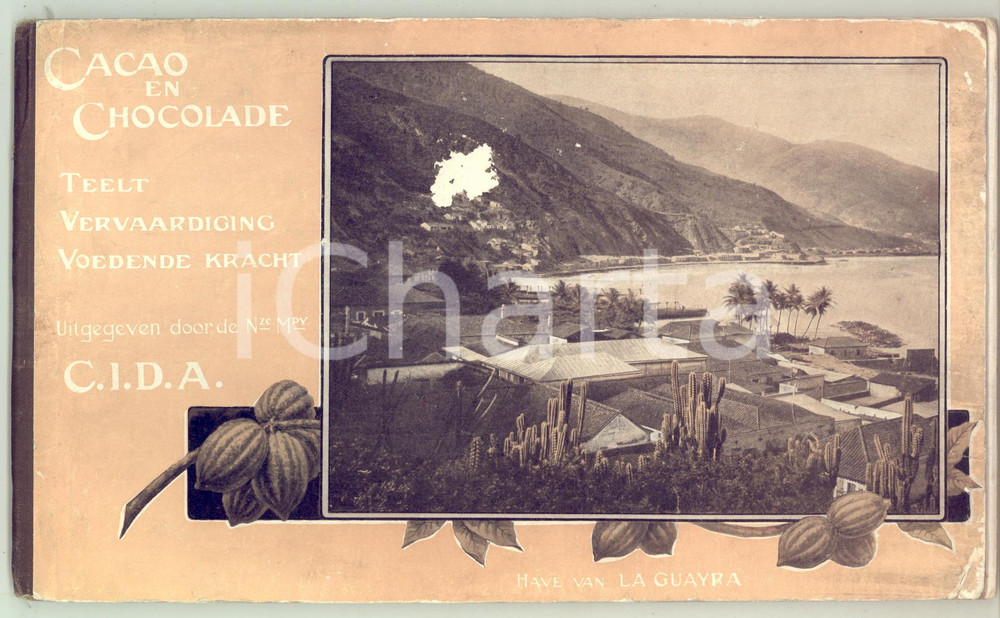 1910 ca CACAO EN CHOCOLADE Teelt Vervaardigind Voedende Kracht - C.I.D.A. *31 p. Rara e pregevole pubblicazione d'epoca, realizzata a cura della ditta di cioccolato CIDA (Bois d'Haine, Belgio), che mostra la produzione in Venezuela.Copertina cartonata rigida; illustrata b/n.FORMATO: 25x15 cmCONDIZIONI: POOR (buone condizioni interne, ma tracce d'uso in copertina, con sbrecciatura centrale visibile)PAGINE: 31    originale e autentica 1