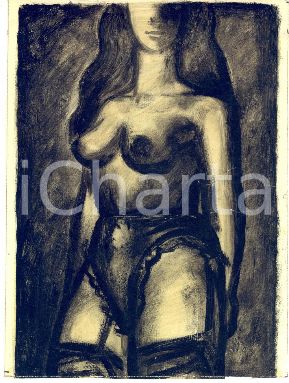 1950 ca EROTICA VINTAGE Ritratto di donna in lingerie - Tempera su carta 19x25  Tempera su carta, con studio di nudo a matita al verso.CONDIZIONI: POOR (piegature al lato destro con piccolo strappo)FORMATO: 19x25 cm    originale e autentica 1
