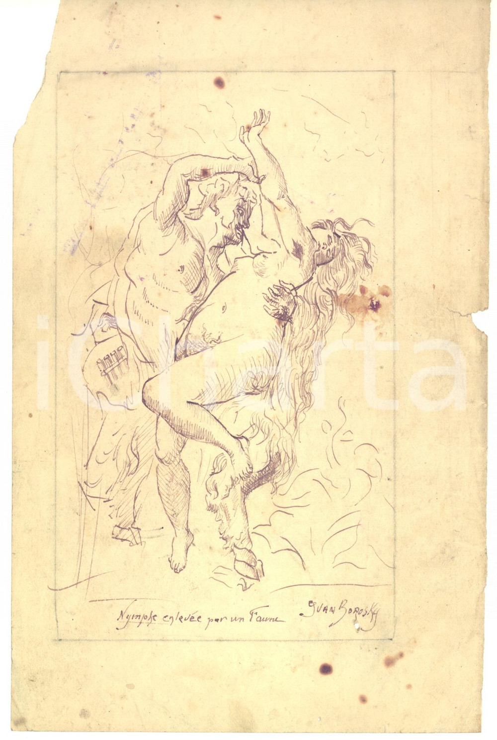 1900 ca Yvan BOROSKY Nymphe enlevée par un faune *China su carta (copia CABANEL)  China su carta, firmata Yvan Borosky, che riproduce l'opera di Alexandre Cabanel esposta al Mus&eacute;e du Louvre.CONDIZIONI: POOR (piccola piegatura angolare, mancanza angolare, piccolo strappo e mancanza al lato destro, macchie diffuse)FORMATO: 13x21 cm    originale e autentica 1