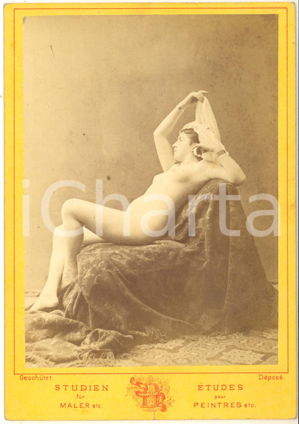 1890 ca VINTAGE EROTIC Nude woman on a sofa with a veil - RARE Photo albumen  Fotografia originale d'epoca, montata su cartoncino rigido.SERIE: Studien f&uuml;r Maler etc. / &Eacute;tudes pour Peintres etc.CONDIZIONI: G (minime macchie)FORMATO: 11x16 cm    originale e autentica 1
