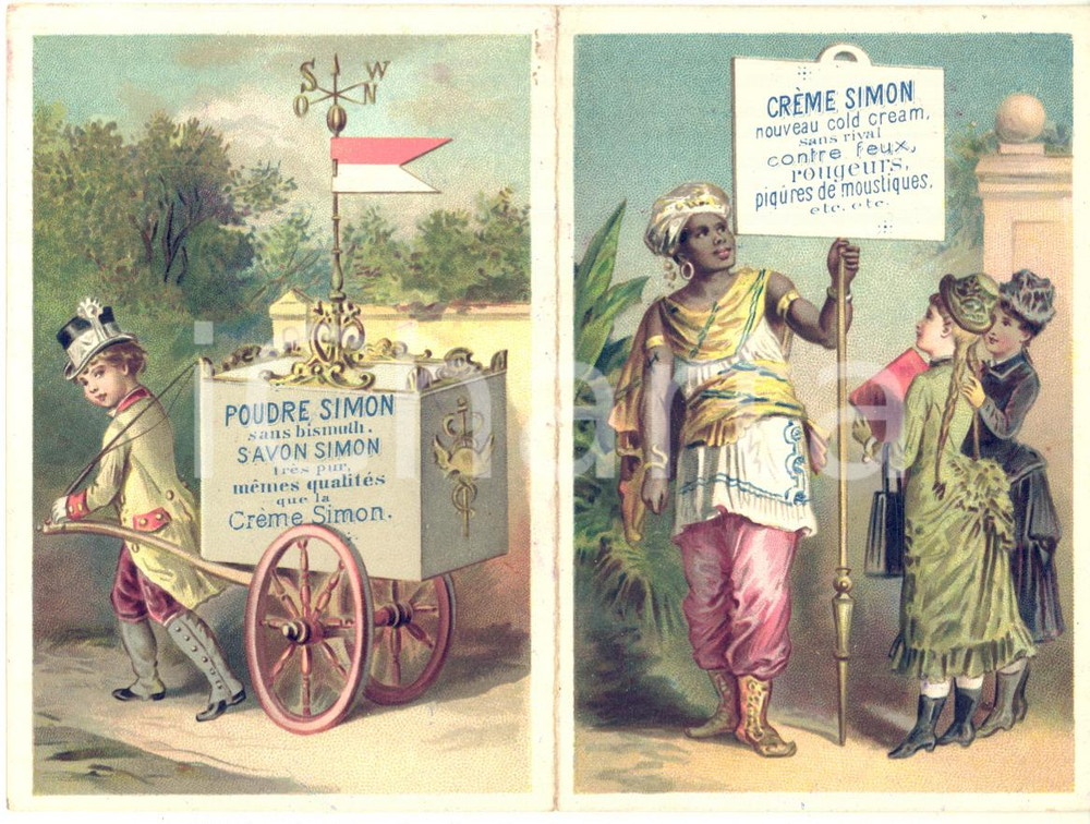 1910 ca PARIS PARFUMERIE Eloge CREME SIMON - Vintage ad chromolithograph  Biglietto pubblicitario, su quattro facciate, in cromolitografia.CONDIZIONI: FAIR (piccola macchia interna)FORMATO: 7x11 cm    originale e autentica 1