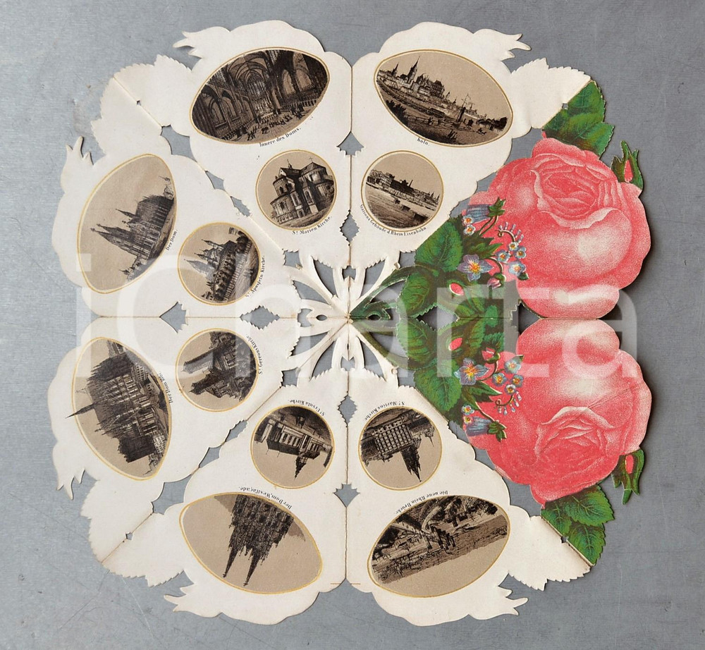 1910 ca KOLN /COLONIA Vedutine vintage su foglio pieghevole - RRR bifacciale  Rarissimo foglio pieghevole, con vedute litografiche della citt&agrave; di Colonia su entrambe le facciate.CONDIZIONI: GFORMATO: 23x23 cm (aperto)    originale e autentica 1