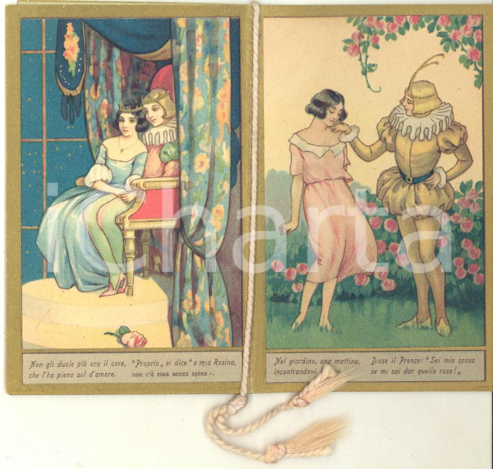 1926 ITALIA Rosina e il Principe - Almanacco tascabile VINTAGE 6x10 cm  Almanacco tascabile d'epoca, su 12 facciate, a colori.Presente la passamaneria originale.CONDIZIONI: GFORMATO: 6x10 cm    originale e autentica 1