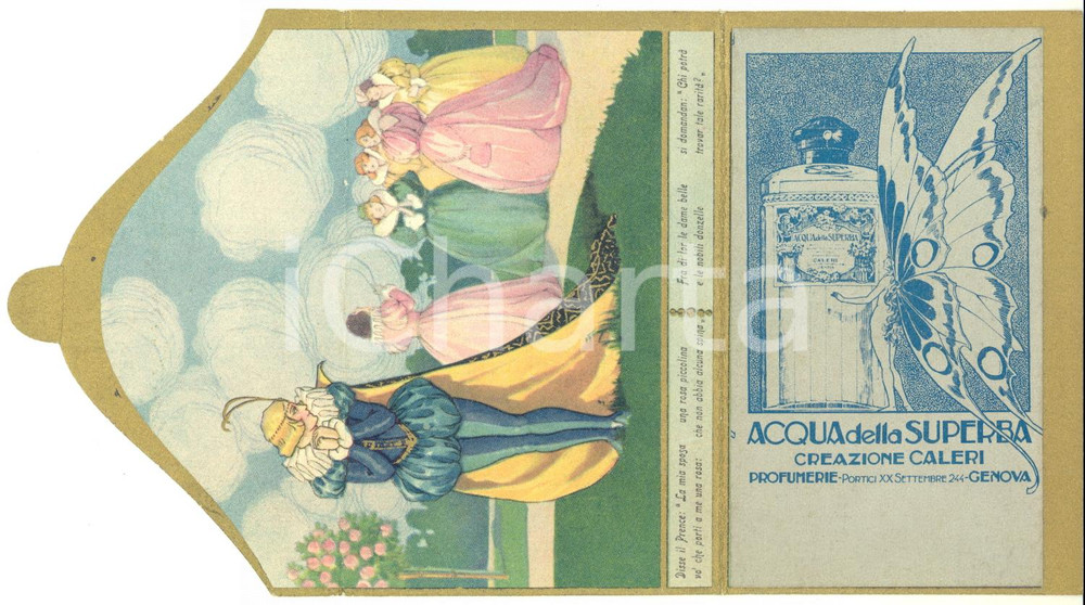 1926 PROFUMI GENOVA Ditta O.CALERI - Acqua della Superba - Bustina pubblicitaria  Bustina pubblicitaria pieghevole, stampata in cromolitografia.CONDIZIONI: GFORMATO: 6x10 cm (chiusa)    originale e autentica 1