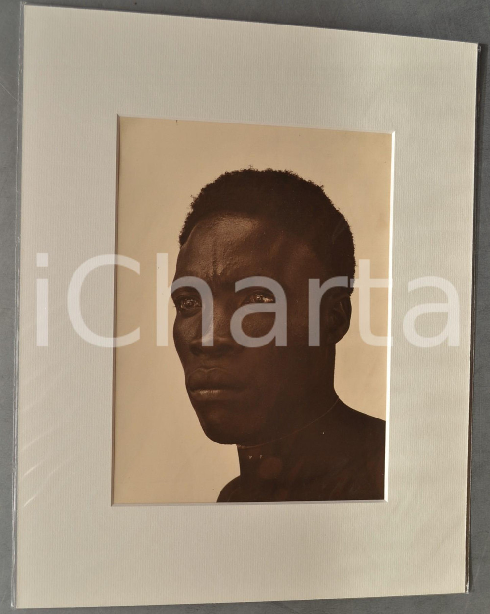 1950 ca AFRICA Ritratto di un giovane uomo - Foto Jacques DONCQ 28x35 cm  Fotografia originale d'epoca, incorniciata con passepartout in cartoncino pesante e fissata con adesivo al retro.Velina protettiva.FOTOGRAFO: Jacques DoncqCONDIZIONI: GFORMATO: 18x24 cm (fotografia); 28x35 cm (cartoncino)    originale e autentica 1