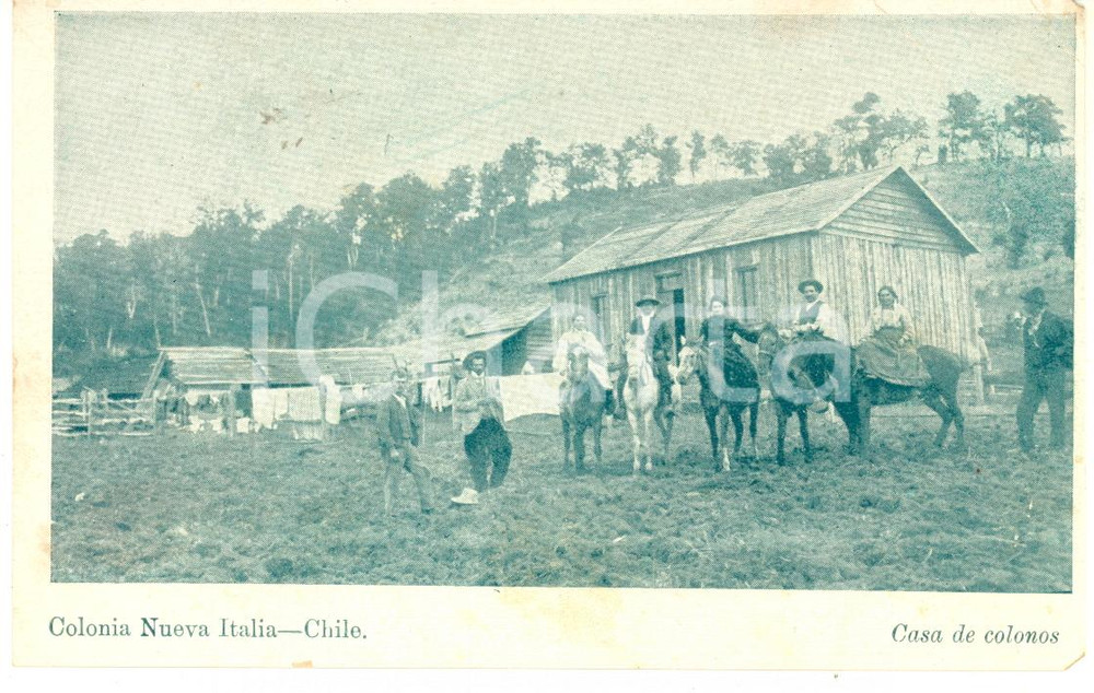 1900 ca CHILE Colonia NUEVA ITALIA - Casa de colonos - Cartolina ANIMATA RARA FP  Rara cartolina postale d'epoca, non viaggiata.CONDIZIONI: FAIR (minime mancanze e piegature angolari)FORMATO: 14x9 cm     originale e autentica 1