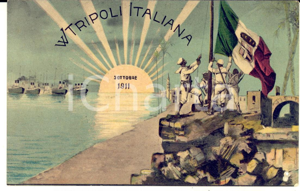 1911 COLONIE LIBIA - W Tripoli italiana - Cartolina postale RARA FP NV  Rara cartolina postale d'epoca, non viaggiata.Messaggio scritto al verso del militare Ugo Gadola.CONDIZIONI: POOR (foro all'angolo inferiore destro e residui di colla in superficie)FORMATO: 14x9 cm     originale e autentica 1
