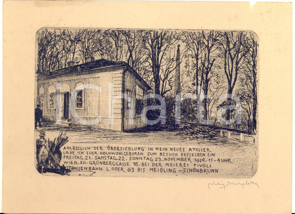 1924 WIEN Ludwig MICHALEK - Invitation to the new atelier - 18x13 cm AUTOGRAPH Acquaforte originale, con firma autografa dell'artista, realizzata come invito per l'inaugurazione del nuovo studio.Il testo &egrave; il seguente: "Anl&auml;sslich der &Uuml;bersiedlung in mein neues Atelier lade ich euer Hochwohlgeboren zum Besuch desselben ein Freitag, 21. Samstag 22. Sonntag 23. November 1924. 11 - 4 Uhr Wien XII., Gr&uuml;nberggasse 16. Bei der Meierei Tivoli Strassenbahn L oder 63 bis Meidling - Sch&ouml;nbrunn".CONDIZIONI: POOR (lievi piegature e minima mancanza al margine superiore)FORMATO: 18x13 cm    originale e autentica 1