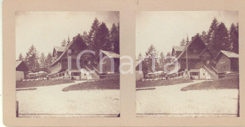 1913 VIGILJOCH / MONTE SAN VIGILIO Ristorante REMBRANDT - Foto stereoscopica Fotografia stereoscopica d'epoca, su cartoncino rigido.Didascalia manoscritta al verso in lingua tedesca, con data 28.08.1913.FORMATO: 18x9 cmCONDIZIONI: G     originale e autentica 1