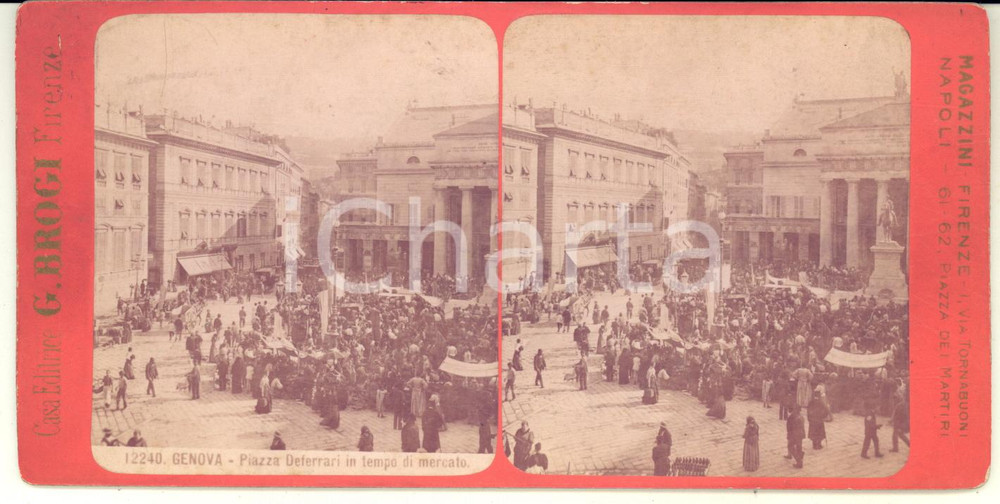 1890 ca GENOVA Piazza DE FERRARI in tempo di mercato - Foto stereoscopica BROGI Fotografia stereoscopica d'epoca, su cartoncino rigido.FOTOGRAFO: Giacomo Brogi - FirenzeFORMATO: 18x9 cmCONDIZIONI: FAIR (lievi piegature)    originale e autentica 1