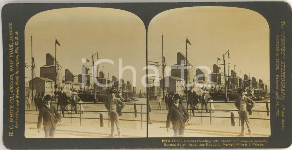 1908 BUENOS AIRES (ARGENTINA) Ocean steamers loading wheat - Stereoview WHITE Fotografia stereoscopica d'epoca, su cartoncino rigido.Didascalia originale: "18904 Ocean steamers loading with wheat for European markets, Buenos Ayres, Argentine Republic"EDITORE: H. C. White, USA FORMATO: 18x9 cmCONDIZIONI: G     originale e autentica 1