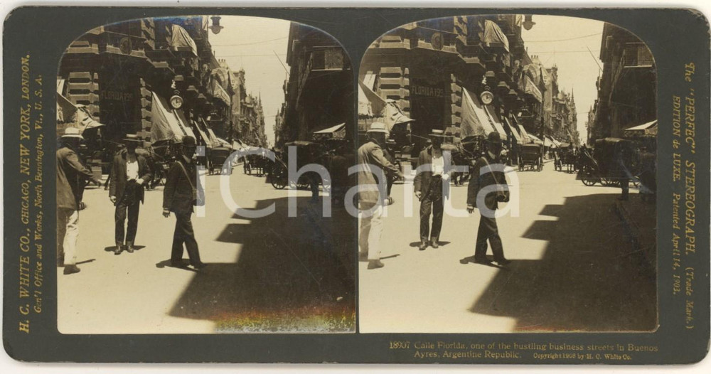 1908 BUENOS AIRES (ARGENTINA) Calle FLORIDA -  Foto stereoscopica WHITE ANIMATA Fotografia stereoscopica d'epoca, su cartoncino rigido.Didascalia originale: "18907 Calle Florida, one of the bustling business streets in Buenos Ayres, Argentine Republic"EDITORE: H. C. White, USA FORMATO: 18x9 cmCONDIZIONI: G (il lieve alone visibile &egrave; dovuto alla scansione, non &egrave; presente sulla fotografia)    originale e autentica 1