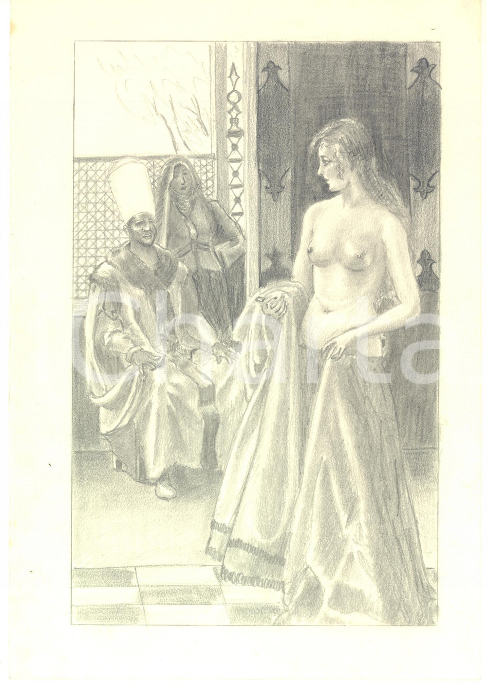 1950 ca EROTICA VINTAGE Scena araba - Giovane donna si spoglia - Disegno 18x26  Disegno originale su carta, realizzato a matita.CONDIZIONI: GFORMATO: 18x26 cm    originale e autentica 1