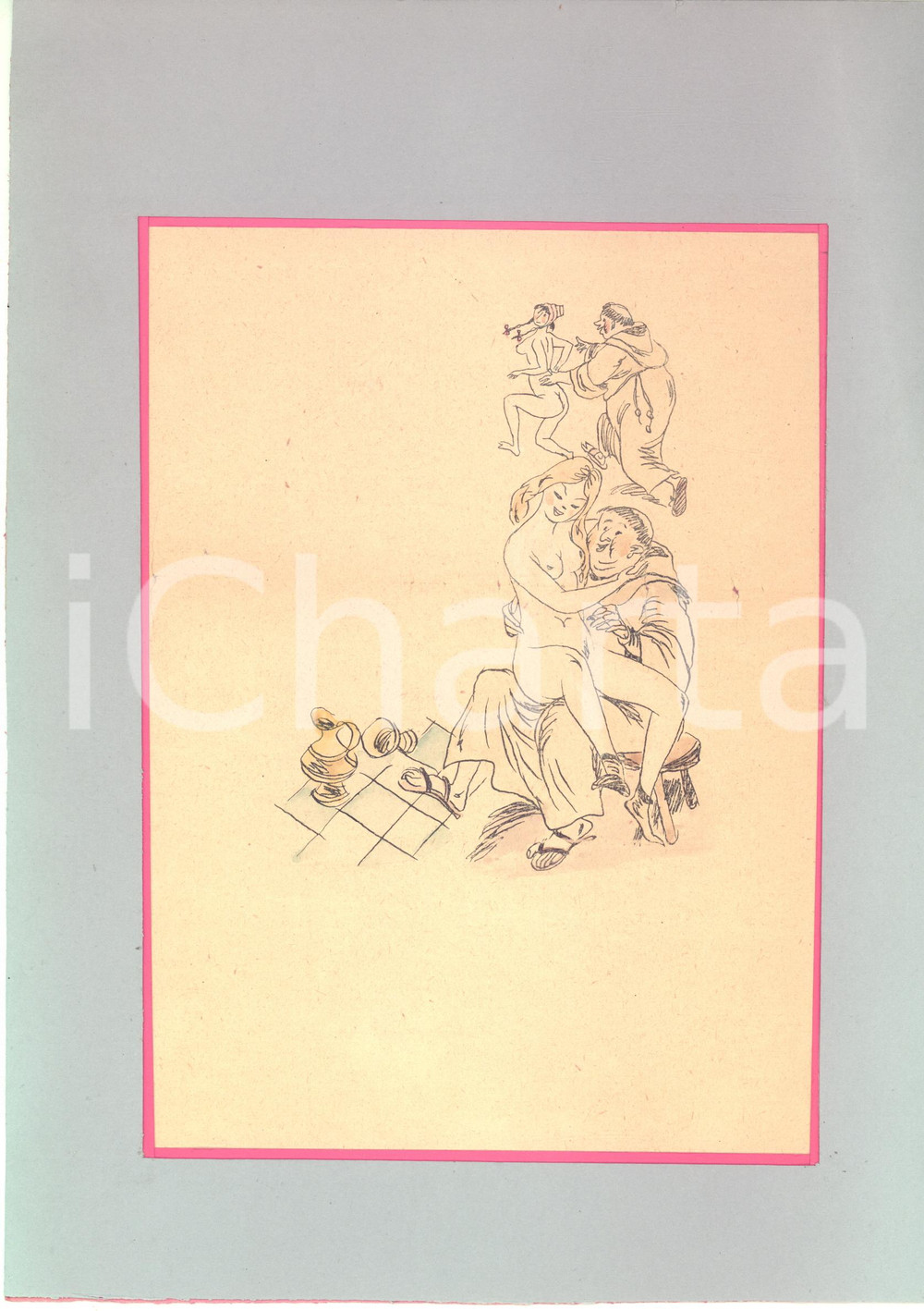 1930 ca EROTICA VINTAGE Fraticelli con donne nude *Stampa acquerellata 21x30 cm  Interessante stampa originale su carta, acquerellata.Montata su passepartout in cartoncino.CONDIZIONI: FAIR (piegature alla carta e minimo foro; lieve piegatura a cartoncino)FORMATO: 21x30 cm    originale e autentica 1