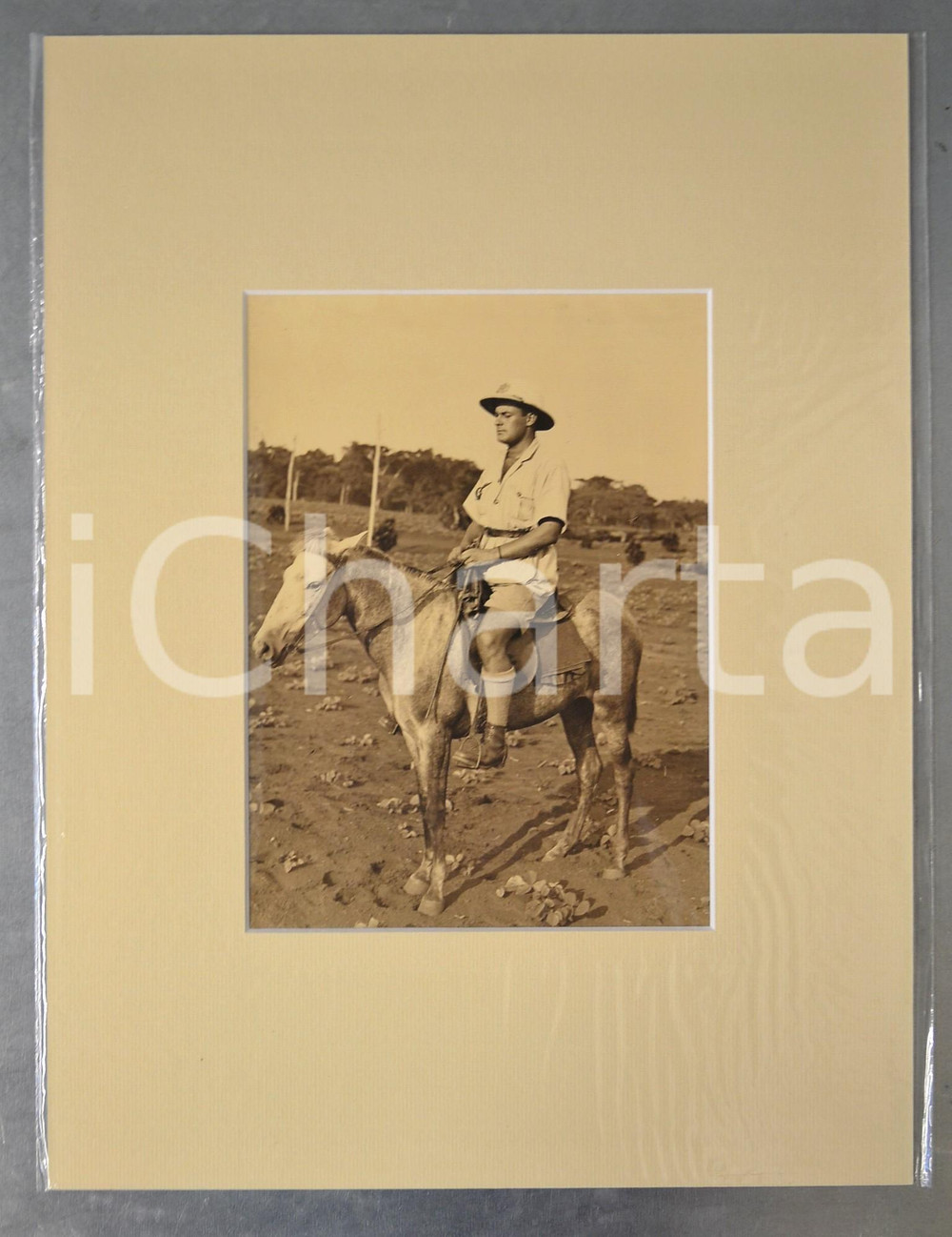 1950 ca AFRICA Guardiano europeo a cavallo - Foto artistica Jacques DONCQ 30x40  Fotografia originale d'epoca, incorniciata con passepartout in cartoncino pesante e fissata con adesivo al retro.Velina protettiva.FOTOGRAFO: Jacques DoncqCONDIZIONI: GFORMATO: 17x23 cm (fotografia); 30x40 cm (cartoncino)    originale e autentica 1