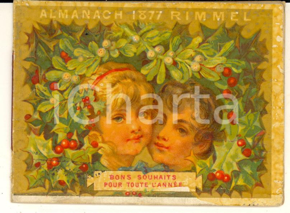 1877 PARIS Almanac Eugène RIMMEL Parfumeur - Chromo RARE 10x7 cm  Raro almanacco tascabile d'epoca, su 12 facciate, a colori.CONDIZIONI: FAIR (piccole macchie in copertina)FORMATO: 10x6 cm    originale e autentica 1