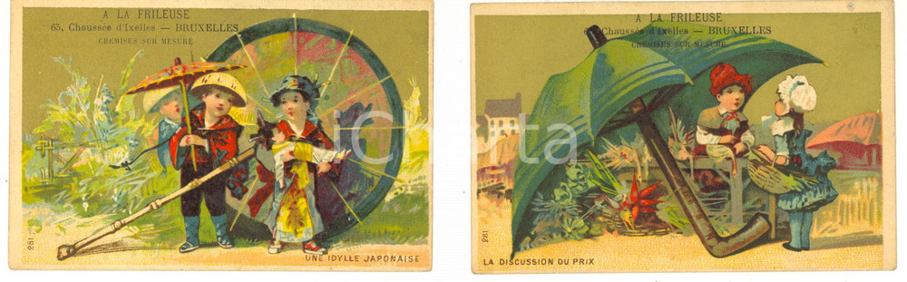 1890 BRUXELLES A LA FRILEUSE Chemises - Série 2 chromos publicitaires amoureux  Serie di 3 cartoncini pubblicitari, stampati in cromolitografia, per la casa di confezioni "A la frileuse", specializzata in moda per l'infanzia.CONDIZIONI: G (ma piccolo foro al margine superiore di una delle due carte)FORMATO: 12x8 cm    originale e autentica 1