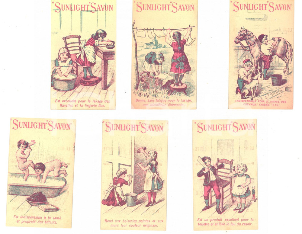 Materiale pubblicitario d’epoca 1890 BRUXELLES LEVER BROTHERS Sunlight Savon SÃ©rie 6 cartes publicitaires 4,5x8 1