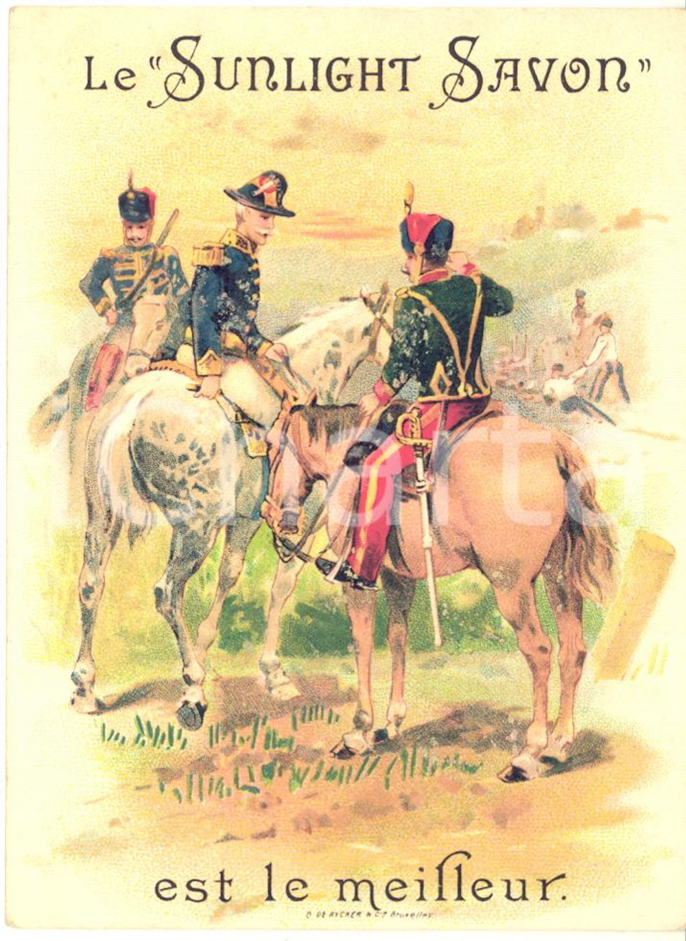 1890 ca BRUXELLES - SUNLIGHT SAVON - Carte publicitaire ARMEE (2) 9x12 cm  Cartoncino pubblicitario originale d'epoca.CONDIZIONI: FAIR (piegatura al lato superiore; piccoli residui cartacei al verso)FORMATO: 9x12 cm    originale e autentica 1
