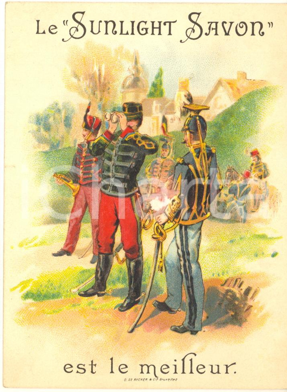 1890 ca BRUXELLES - SUNLIGHT SAVON - Carte publicitaire ARMEE (4) 9x12  Cartoncino pubblicitario originale d'epoca.CONDIZIONI: G (ma abrasioni al verso)FORMATO: 9x12 cm    originale e autentica 1