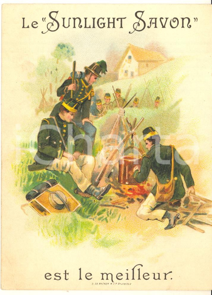 1890 ca BRUXELLES - SUNLIGHT SAVON *Carte publicitaire ARMEE (6) 9x12  Cartoncino pubblicitario originale d'epoca.CONDIZIONI: FAIR (abrasioni al verso e lieve piegatura angolare)FORMATO: 9x12 cm    originale e autentica 1