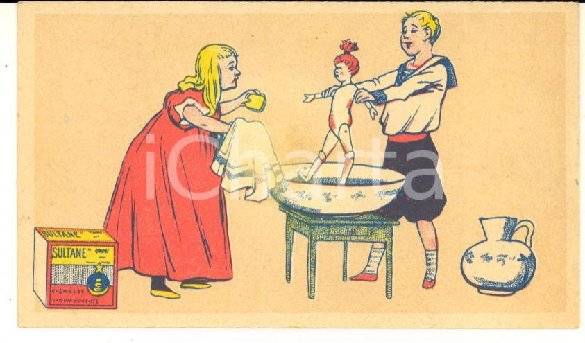 1890 ca SULTANE SAVON - Savonneries Réunies - Carte publicitaire 10,5x6 cm (4)  Cartoncino pubblicitario originale d'epoca.CONDIZIONI: FAIR (piegatura angolare, residui cartacei al verso)FORMATO: 10,5x6 cm    originale e autentica 1