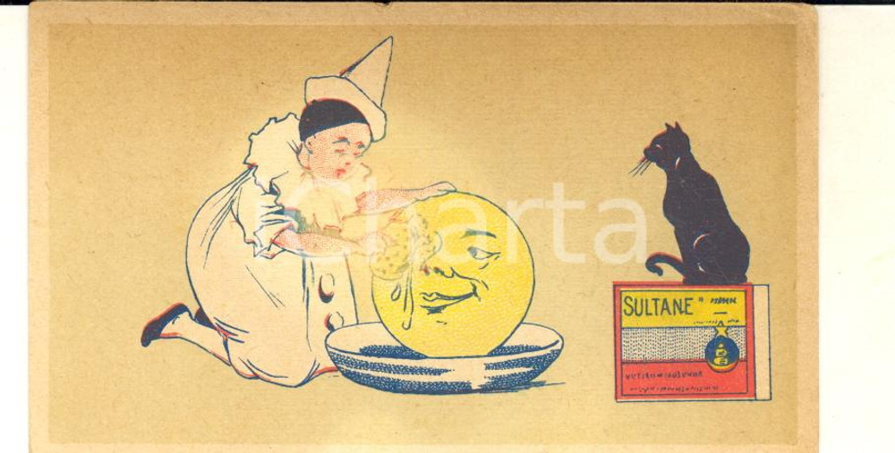 1890 ca SULTANE SAVON - Pierrot lave la lune - Carte publicitaire 10,5x6 cm  Cartoncino pubblicitario originale d'epoca.CONDIZIONI: POOR (residui cartacei al verso; sbiaditura centrale)FORMATO: 10,5x6 cm    originale e autentica 1