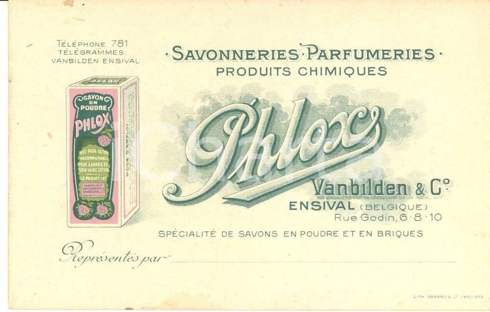 1890 ca ENSIVAL BELGIQUE Savon PHLOX en poudre - Carte publicitaire VINTAGE RARE  Cartoncino pubblicitario d'epoca, che pubblicizza il sapone Phlox della ditta Vanbilden &amp; C.CONDIZIONI: G (minime macchie marginali)FORMATO: 15x10 cm  originale e autentica 1