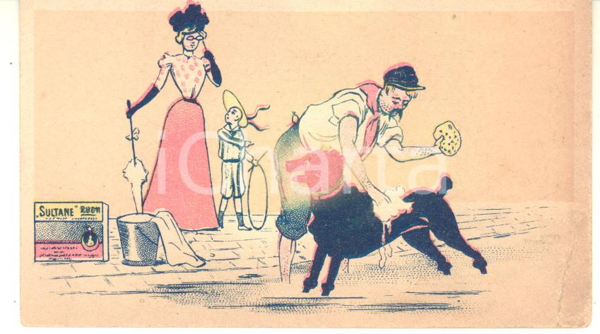 1890 ca SULTANE SAVON - Savonneries Réunies - Carte publicitaire 10,5x6 cm (7)  Cartoncino pubblicitario originale d'epoca.CONDIZIONI: POOR (residui cartacei al verso; piegature al lato destro e lieve sbiaditura centrale)FORMATO: 10,5x6 cm    originale e autentica 1