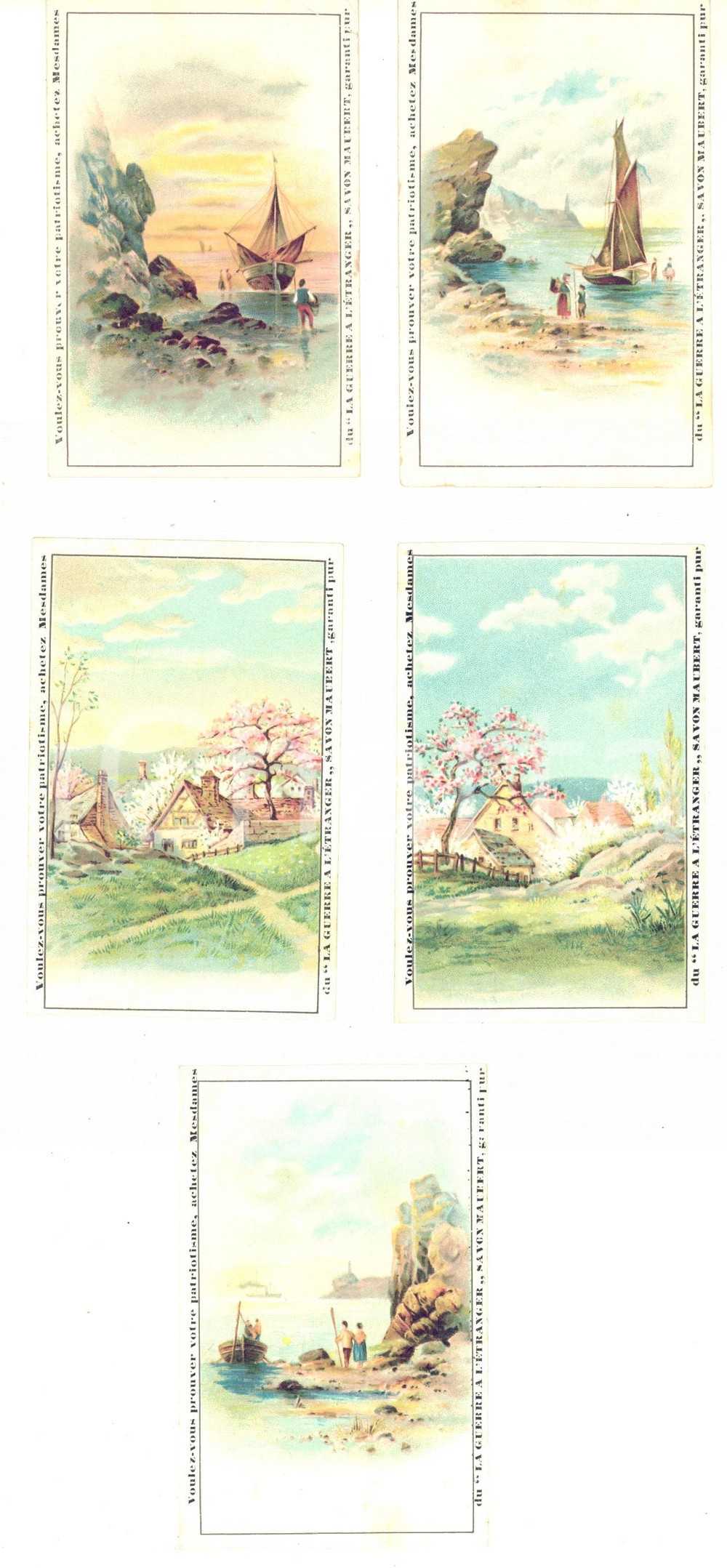 Materiale pubblicitario d’epoca 1890 ca FRANCE Savon MAUBERT  SÃ©rie 5 cartes La guerre Ã  l Ã©tranger 7x10,5 cm 1