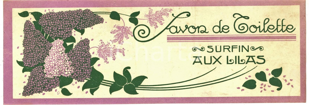 1910 ca FRANCE SAVON DE TOILETTE Surfin aux lilas - Vintage label ART DECO 21x7  Etichetta pubblicitaria d'epoca, originale.CONDIZIONI: G FORMATO: 21x7 cm    originale e autentica 1