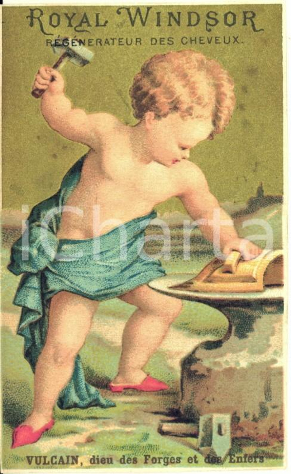 1890 ca ROYAL WINDSOR Régénérateur cheveux - Chromo publicitaire VULCAIN 6x10 cm  Cartoncino pubblicitario originale d'epoca, stampato in cromolitografia, con testo al verso.CONDIZIONI: GFORMATO: 6x10 cm    originale e autentica 1