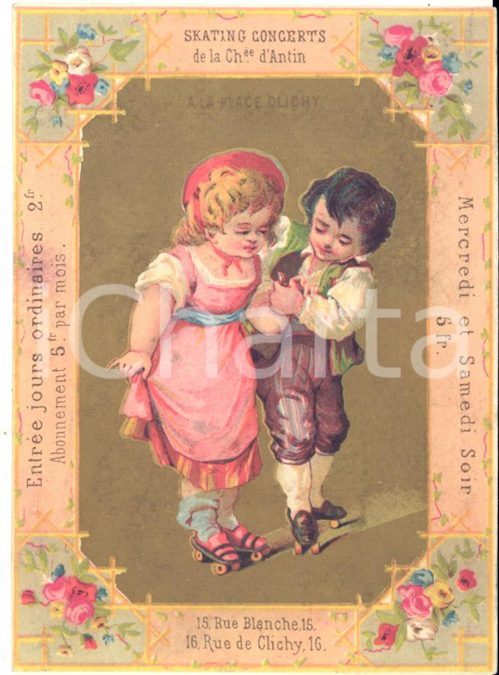 1890 ca PARIS Parfumerie Grands Magasins Place CLICHY - Chromo publicitaire (1)  Cartoncino pubblicitario originale d'epoca, stampato in cromolitografia, con testo al verso.CONDIZIONI: GFORMATO: 9x12 cm    originale e autentica 1