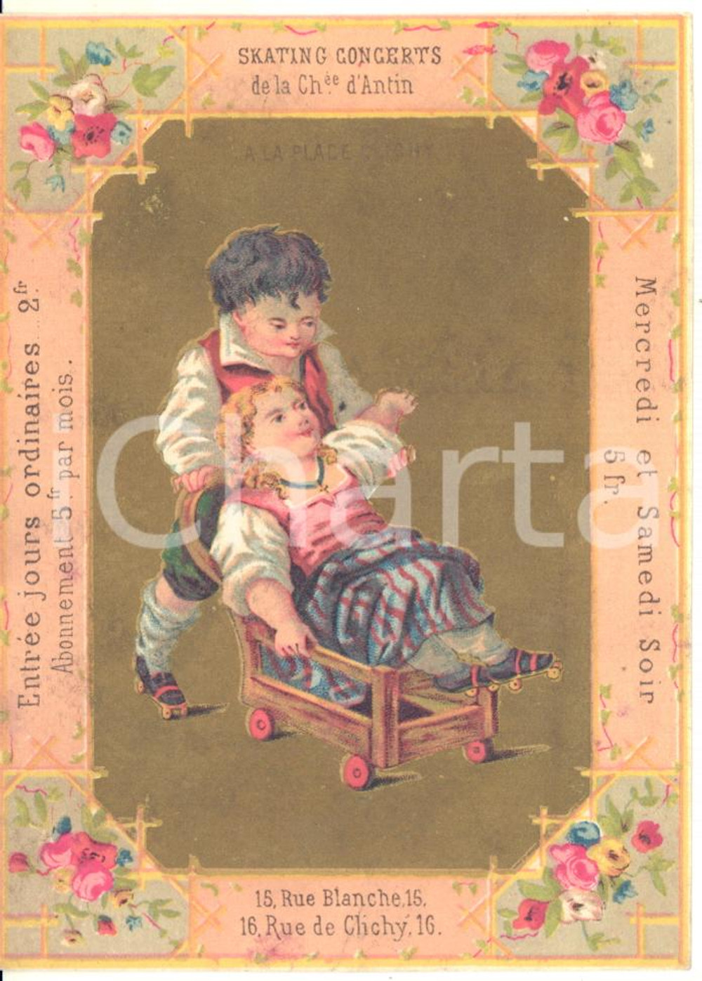 1890 ca PARIS Parfumerie Grands Magasins Place CLICHY - Chromo publicitaire (2)  Cartoncino pubblicitario originale d'epoca, stampato in cromolitografia, con testo al verso.CONDIZIONI: G (ma lievi abrasioni al verso)FORMATO: 9x12 cm    originale e autentica 1