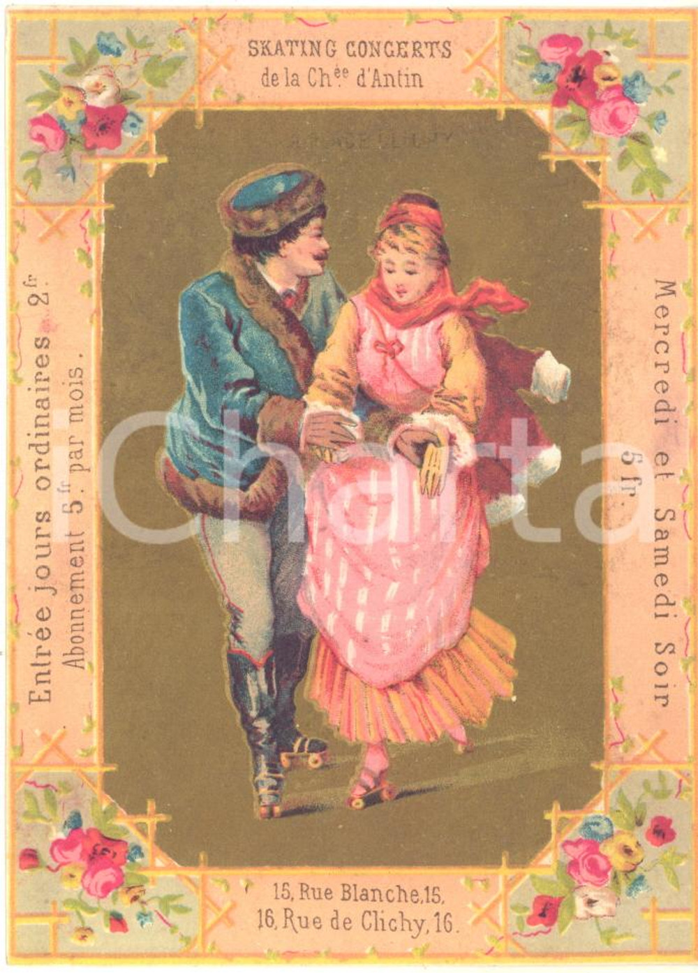 1890 ca PARIS Parfumerie Grands Magasins Place CLICHY - Chromo publicitaire (3)  Cartoncino pubblicitario originale d'epoca, stampato in cromolitografia, con testo al verso.CONDIZIONI: G (ma lievi abrasioni al verso)FORMATO: 9x12 cm    originale e autentica 1