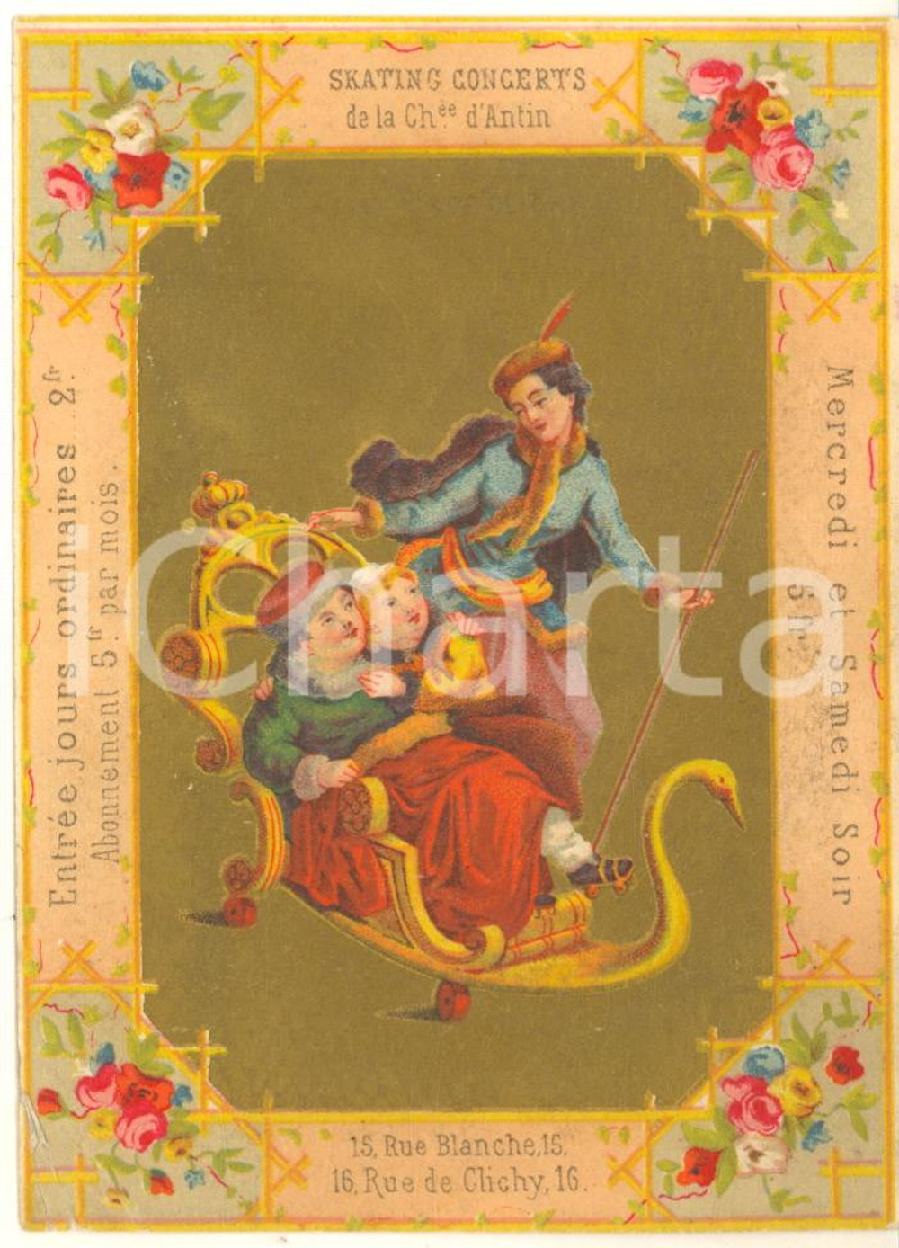 1890 ca PARIS Parfumerie Grands Magasins Place CLICHY - Chromo publicitaire (4)  Cartoncino pubblicitario originale d'epoca, stampato in cromolitografia, con testo al verso.CONDIZIONI: POOR (sbrecciatura all'angolo inferiore sinistro; lievi abrasioni al verso) FORMATO: 9x12 cm    originale e autentica 1