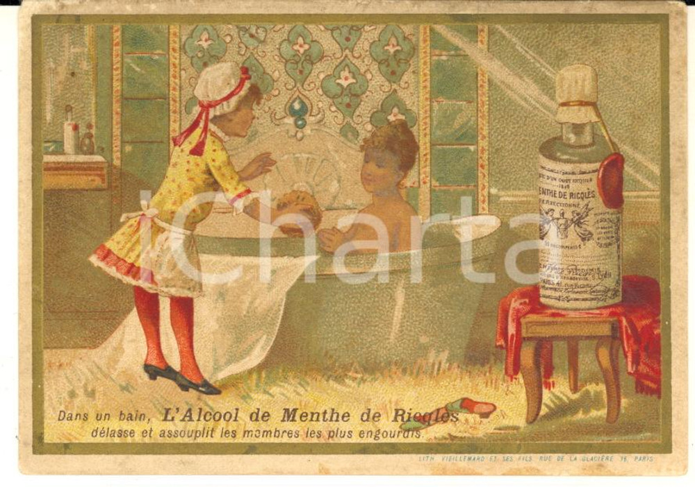 1890 ca PARIS Alcool de menthe RICQLES - Chromo publicitaire vintage 11x8 cm  Cartoncino pubblicitario originale d'epoca, stampato in cromolitografia, con testo al verso.CONDIZIONI: G (minime abrasioni al lato superiore)FORMATO: 11x8 cm    originale e autentica 1