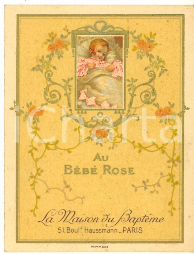 1890 ca PARIS La Maison du Baptême - AU BEBE ROSE - Chromo publicitaire 8x10 cm  Cartoncino pubblicitario originale d'epoca, stampato in cromolitografia, con testo al verso.CONDIZIONI: GFORMATO: 8x10 cm    originale e autentica 1
