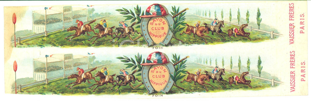 1900 ca PARIS VAISSIER Frères - Savon du Club Hippique - Vintage label 23x7,5 cm  Etichetta pubblicitaria d'epoca, originale.CONDIZIONI: FAIR (lievemente rifilata al margine inferiore; lieve macchia al lato sinistro)FORMATO: 23x7,5 cm    originale e autentica 1