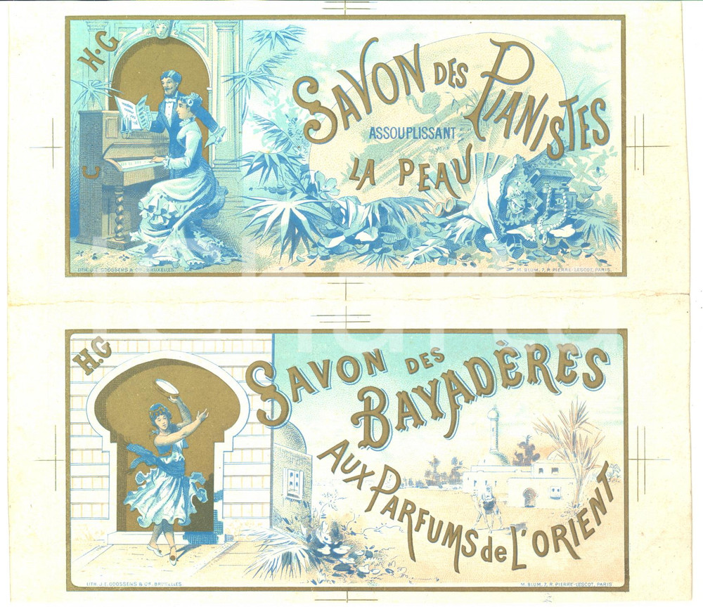 1890 ca FRANCE Savon des Pianistes - Savon des Bayadères - RARE Chromo labels  Pregevole coppia di etichette pubblicitarie d'epoca, originali, in forma di prova di stampa.CONDIZIONI: G (ma macchie e lievi abrasioni al verso)FORMATO: 21x19 cm    originale e autentica 1