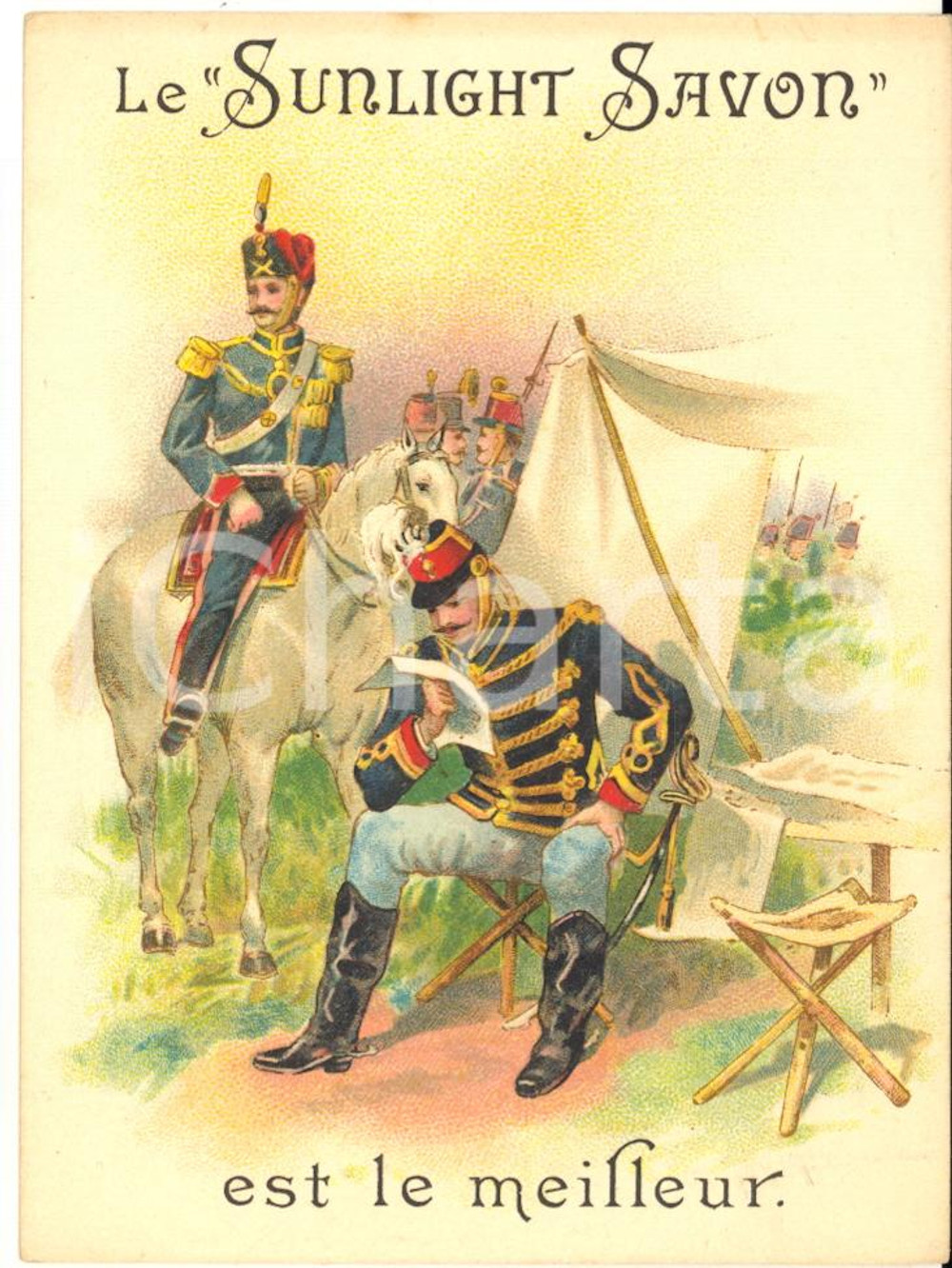 1890 ca BRUXELLES - SUNLIGHT SAVON - Carte publicitaire ARMEE (5) 9x12 cm  Cartoncino pubblicitario originale d'epoca.CONDIZIONI: GFORMATO: 9x12 cm    originale e autentica 1