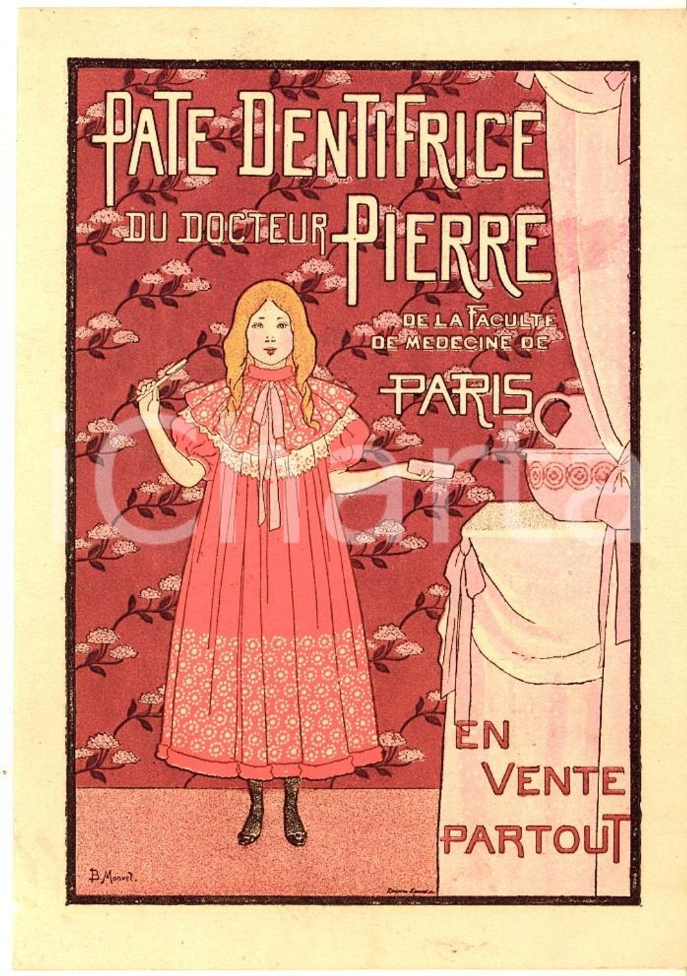 1890 ca PARIS Dentifrice Docteur PIERRE - Original vintage advertising 9x13 cm  Pubblicit&agrave; d'epoca, originale, con testo al verso.Illustrata da Boutet de Monvel.CONDIZIONI: G (minima sbrecciatura al lato sinistro; piccoli residui cartacei e abrasioni al verso)FORMATO: 9x13 cm    originale e autentica 1