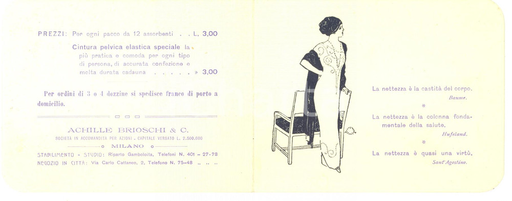 1910 ca MILANO Ditta Achille BRIOSCHI Assorbenti igienici LYSOFORM - Biglietto  Pubblicit&agrave; d'epoca, originale, in forma di biglietto su 4 facciate.CONDIZIONI: GFORMATO: 11x9 cm    originale e autentica 1