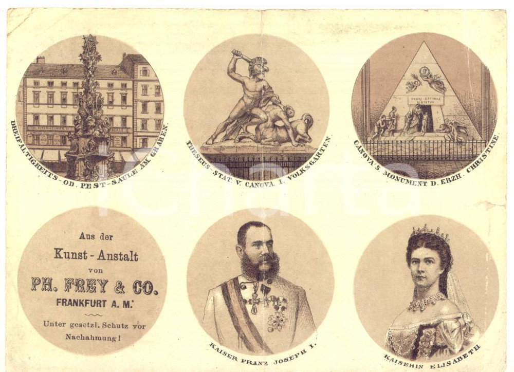 1890 ca FRANCE Savon en poudre HUDSON - Original advertising Kunst-Anstalt FREY  Pubblicit&agrave; d'epoca, originale, con testo al verso.Illustrata con immagini di incisioni raffiguranti la famiglia freale austriaca.CONDIZIONI: POOR (piegature e piccoli strappi marginali)FORMATO: 12x9 cm    originale e autentica 1