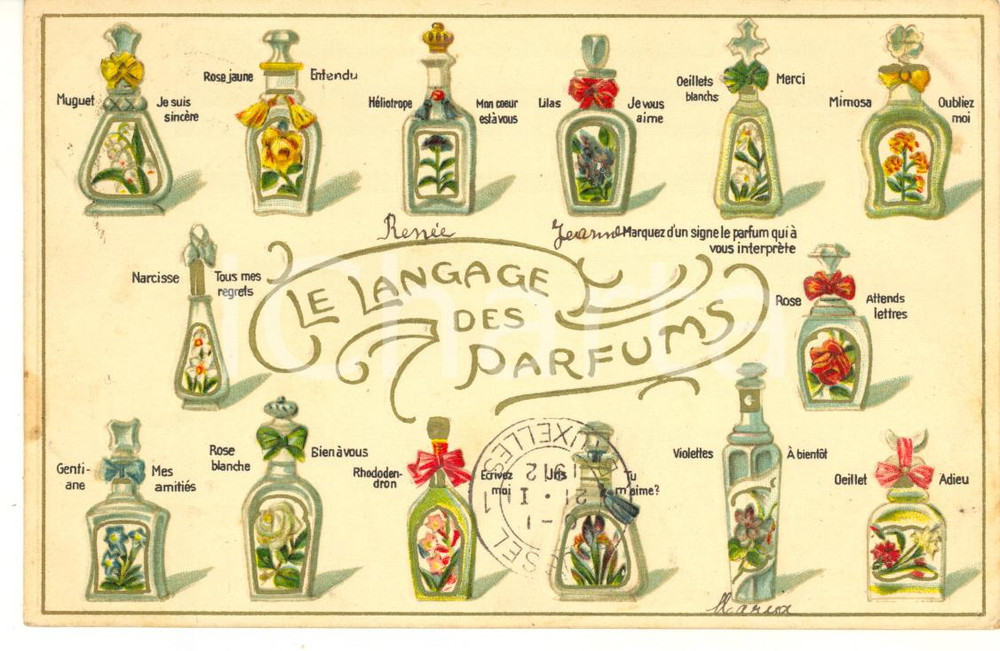 1912 FRANCE Le langage des PARFUMS - Carte postale relief - embossed FP VG  Cartolina postale pubblicitaria, a rilievo, viaggiata.CONDIZIONI: GFORMATO: FP    originale e autentica 1